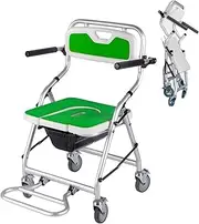 Elderly Wheeled Shower Chair,Foldable Shower Chair with Armrests,Elderly Commode Chair 150kg,Four Wheels with Brakes+Storage Pedals(B)