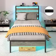 J.Fkne - Single Bed Frame with LED Lighting, USB Charging Station, Storage Headboard, Metal Slats, Black