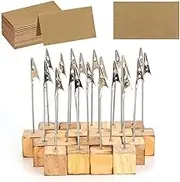 20 Pcs Rustic Wood Place Card Holders with Memo Clips and 30 Pcs Kraft Place Cards, Wooden Table Number Holder Stand Photo Picture Note Clip Holders for Wedding Party Name Sign - Cube Base