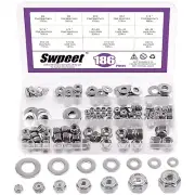 186Pcs SAE 304 Stainless Steel Lock Nut and Flat Washers Assortment Kit,