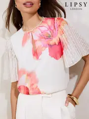 Lipsy Cream Printed Chiffon Angel Sleeve Blouse (AW5575) | $104