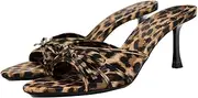 [YIYA] Women's Leopard Print Mules Heels with Bow Open Round Toe Stiletto High Heels Party Dress Slip On Backless Sandals