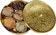 Handcrafted Polished Brass Spice Box by Indian Impressions | Intricate Floral Design | 7 Removable Brass Bowls, Versatile and Multi-Purpose, 20cm Diameter