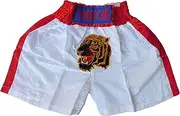 [Generic] White/Red Size M - Authentic Muay Thai Kickboxing TIGER Shorts for Youth - Premium Unisex Boxing Trunks for Kids and Teens - Ideal for Training, Gym, and MMA