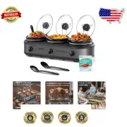 Versatile 3-Pot Slow Cooker with Temp Control, Lid Rests & Cleanup Liners – Grey