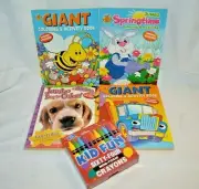 4 Coloring & ACTIVITY Books + 64 Crayons CHILD Include STICKERS Craft Kids Learn