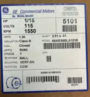 GE Commercial Refrigeration Motor 5101 Model 5SME59BLA1038 Amps 1.3 Phase 1