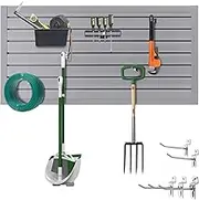 Slatwall Panel Garage Wall Organizer Storage Systems, Wall Mounted PVC Storage Rack with 5 Hooks, Interlocking Workshop Slat Wall Paneling Sheets Board Shelves Tools Organization-Grey(2’H x 4’W)