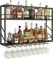 Wall Mounted Wine Rack 2 Tier, Metal Bar Liquor Shelves and Glass Holder,Wall Ba