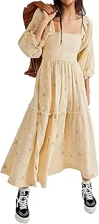 [ABYOVRT] Women Floral Embroidered Maxi Dress Long Puff Sleeve Square Neck Bohemian Flowy Dress with Pockets Smocked Fall Dress