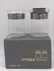 Vintage Pyrex Clear Glass w/ Silver Band Creamer & Sugar Set 7800, 1 lid missing