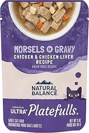 Natural Balance Platefulls Indoor Chicken & Chicken Liver Cat Food in Gravy | Premium Grain-Free Wet Food for Indoor Cats | 3 Oz Pouch (Pack of 24)