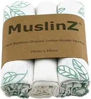 Muslinz Luxury Bamboo/Organic Cotton Muslin Squares, Burp Cloths, Baby Muslins (70 cm, White/Aqua Blue Leaf Print, Pack of 3)