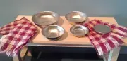 Dollhouse Miniature Nesting Metal Bowl Set 4 & 2 checked kitchen towels 1:12
