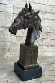 BEAUTIFUL PURE BRONZE MOUNTED HORSE STATUE BUST MARBLE BASE SCULPTURE ARTWORK