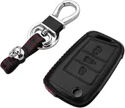 M.JVisun Men Women Genuine Leather Key Fob Cover for for Volkswagen/for Skoda/for Audi/for Seat Key, Car Remote Key Case Pouch Bag with Key Ring Kit Keychain Holder Hook - Black