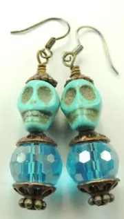 Turquoise Howlite Skull & Turquoise Crystal Earrings Halloween Boo