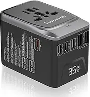 SAUNORCH Universal Travel Adapter, 7 in 1 International Power Plug Adapter with PD 35W 4 USB-C and 2 USB-A Fast Charging, AC Outlet Worldwide Wall Charger for AU to Europe UK Japan Travel