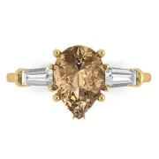 2.5 Pear Baguette Cut 3 stone Champagne Stone Promise Ring 14k Yellow Gold