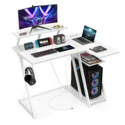 Giantex L Shaped Gaming Desk 2-tier Computer Desk w/Outlets & USB Ports Corner Home Office Desk White