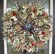 French Country Christmas Deco Mesh Front Door Wreath, Porch Decoration, Holiday