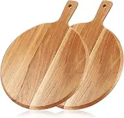 CYEER 2Pcs Pizza Board, 12 Inch Round Wooden Chopping Boards Wood Cutting Board with Handle, Cheese Board Bread Boards Food Serving Board for Pizza, Cheese, Fruits, Vegetables, Bread