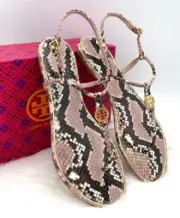 NIB Tory Burch Emmy T-Strap Flat Snake Printed Leather Sandals In Misty Rose 9M