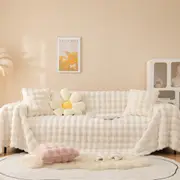Warm Fuzzy Cozy Fluffy Feel Ruched Couch Blankets Soft Sofa Cover -Beige
