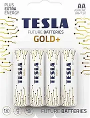 Tesla Batteries Gold+ AA Maximum Power Alkaline Batteries, 10+ Year Shelf Life, A Long-Lasting Battery Life, Leak-Free, LR06, 4 Count [Pack of 1]