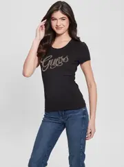 GUESS Black Script Logo T-Shirt Size: Small, Spandex