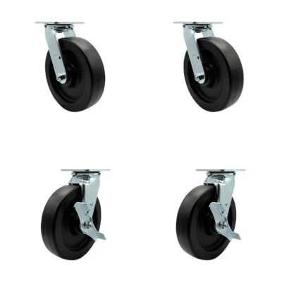 8 Inch Polyolefin Swivel Caster Set with Roller Bearings 2 Brakes Service Caster