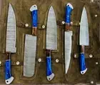 Handmade 5 PCS Damascus Steel Chef Knife Set Kitchen Knives & Leather Roll Kit