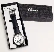 NEW Disney Watch Classic Black Leather Mickey & Minnie Blk/SLVR/WH Adult Silver