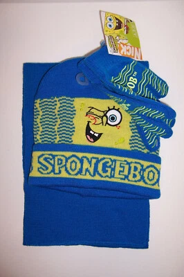 SPONGEBOB SQUAREPANTS Blue/Yellow KNIT HAT Beanie Cap GLOVES SCARF SET NEW!