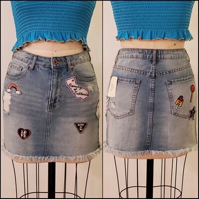 F21 DENIM Skirt Retro Patches Frayed Edge 5 Pocket Mini Fashion Women's S 27