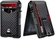 [KIKVES] BUXLY Mens Wallet - Slim Wallet for Men with Money Clip, Aluminum Pop Up Credit Card Holder, RFID Blocking Leather Bifold Wallet with Gift Box (Carbon Fiber), Black, Black, Slim Minimalist, Rfid