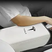 Car Armrest Cover for Tesla Model 3 Model Y,Hoidokly PU Leather Center Console Protector Pad Automobile Waterproof Armrest Box Mat for Model 3 Model Y (White)