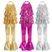 Kids Girl Shiny Sequins Ruffles Leotard with Metallic Pants 70S Disco Jazz Dance