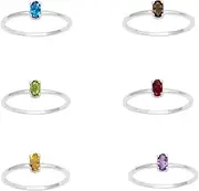 [MOONEYE] Set of 6 Ring Multi Color Gemstone, Birthstones Ring 925 Silver Solitaire Stackable Small Tiny Band Ring Women Promise Ring Sizes J-Y