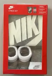 Nike Baby SS Bodysuit, Booties, Hat, 3 Pc Gift Box Set Gray Swoosh 6-12 Months