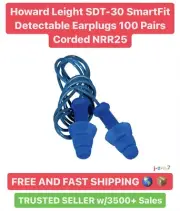 Howard Leight SDT-30 SmartFit Detectable Earplugs Box 100 Pairs Corded NRR25