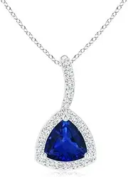[Angara] Natural Trillion Sapphire Halo Pendant Necklace with Curved Bale in Sterling Silver/14ct Solid Gold for Women | September Birthstone Jewellery for Her