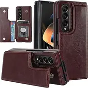 [XIMAND] for Samsung Galaxy Z Fold 4 Wallet Case with Credit Card Holder, Fold Premium Leather Magnetic Clasp Kickstand Heavy Duty Protective Cover.(Brown)