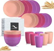 Wheat Straw Dinnerware Sets Service for 6,Reusable and Unbreakable Plates and Bowls Sets 24 PCS,Pink Dinnerware Set,Pink Dinner Plates,Cereal Bowls,Cups,Dishwasher Microwave Safe Pink Dishes