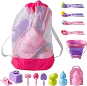 Beach Toys Set - Sand Castle Toys with Folding Bucket and Mesh Bag,Include Molds Rake Shovel, Outdoor Activity for Kids Age 2+