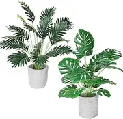 Artificial Areca Palm and Monstera Deliciosa Plants in Hessian Pot, 2-pk, Large UV Resistant Fake Plants with Realistic Leaf Texture, Indoor Artificial Plants for Home Decor, 65cm High, Fade Resistant