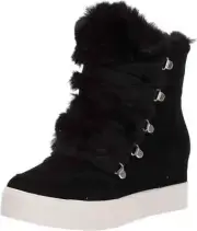 Steve Madden Women's WHARTON Faux Fur Trim Lace-Up Wedge Sneakers