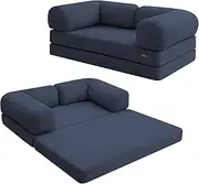 COMAX Folding Sofa Bed Queen, 4-in-1 Foldable Floor Couch Convertible Futon Sofa with Armrests Sleeper Mattress Chair Bed Comfy Portable Fold Out Lounge Guest for Living Room Bedroom, Dark Blue