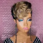 Women Short Pixie Cut Wigs Side Part Ombre Black Brown Highlight Synthetic Wigs