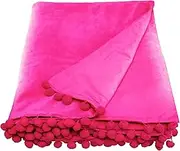 Ragged Rose 140 cm x 180 cm Throw Blanket - Pom Pom Throw Made of Cotton Velvet with Pompom Trims on Sides - Versatile Cotton Velvet Blanket for Sofa & Bed